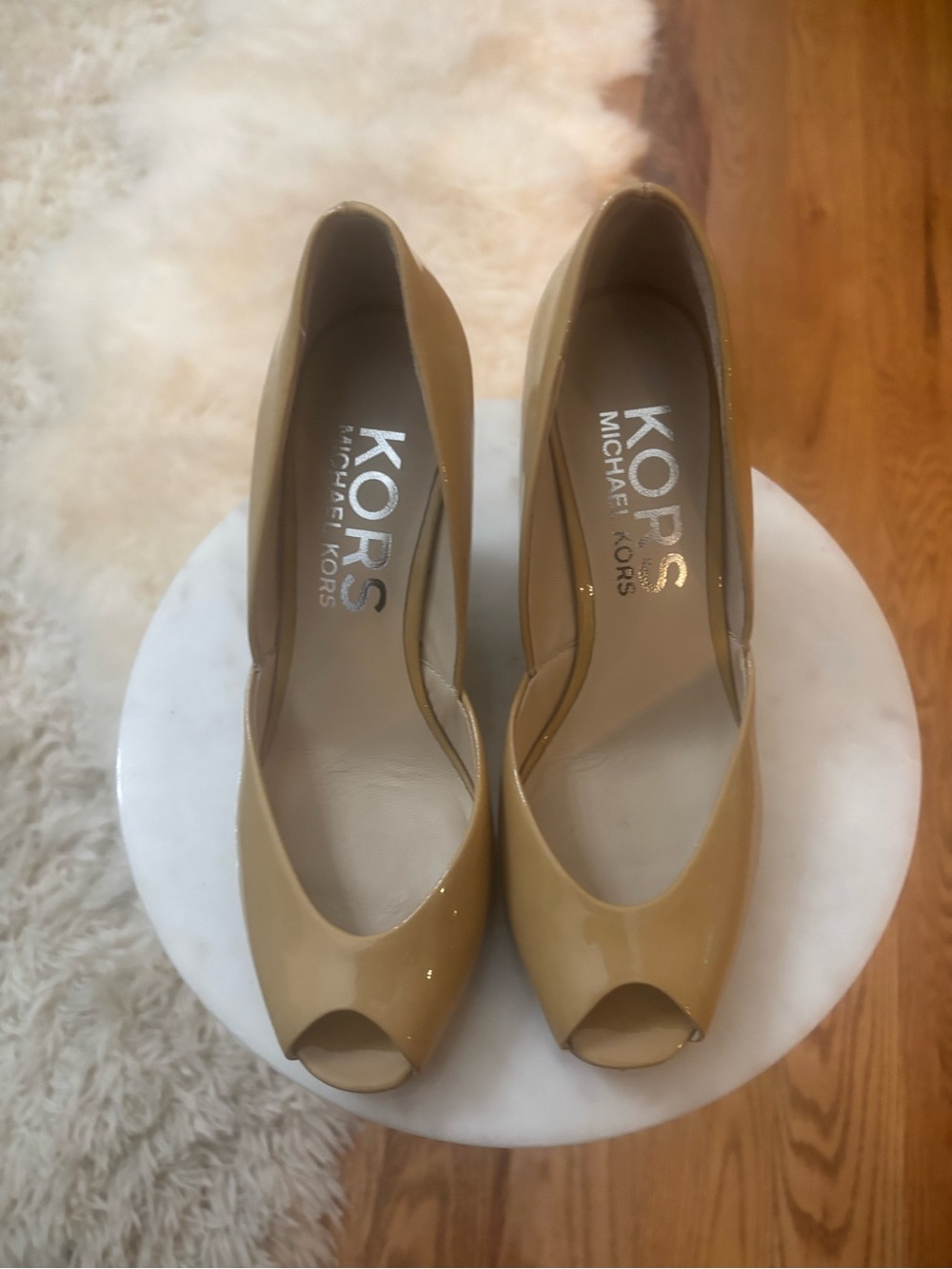 Michael Kors Beige Patent Peep-Toe Pumps